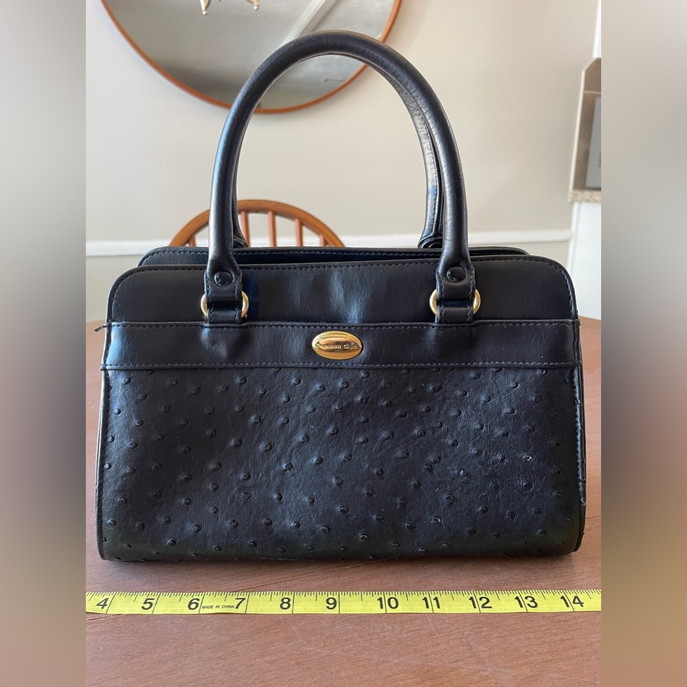 Black Ostrich-Embossed Leather Satchel with Gold Hardware